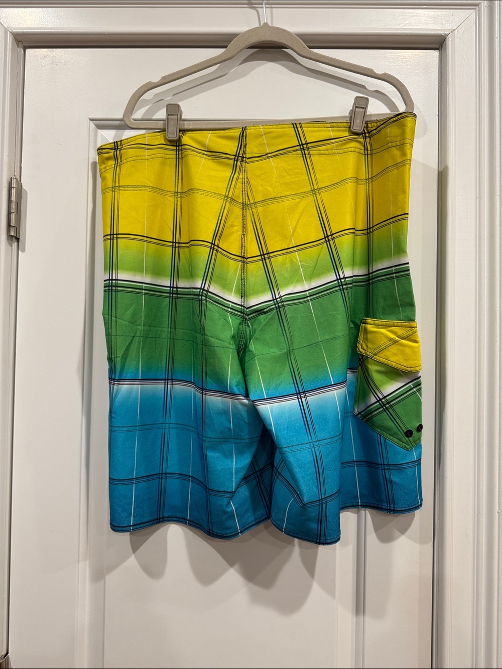 Men's Yellow Green Blue Gradient Plaid Swim Trunks - Picture 2 of 4
